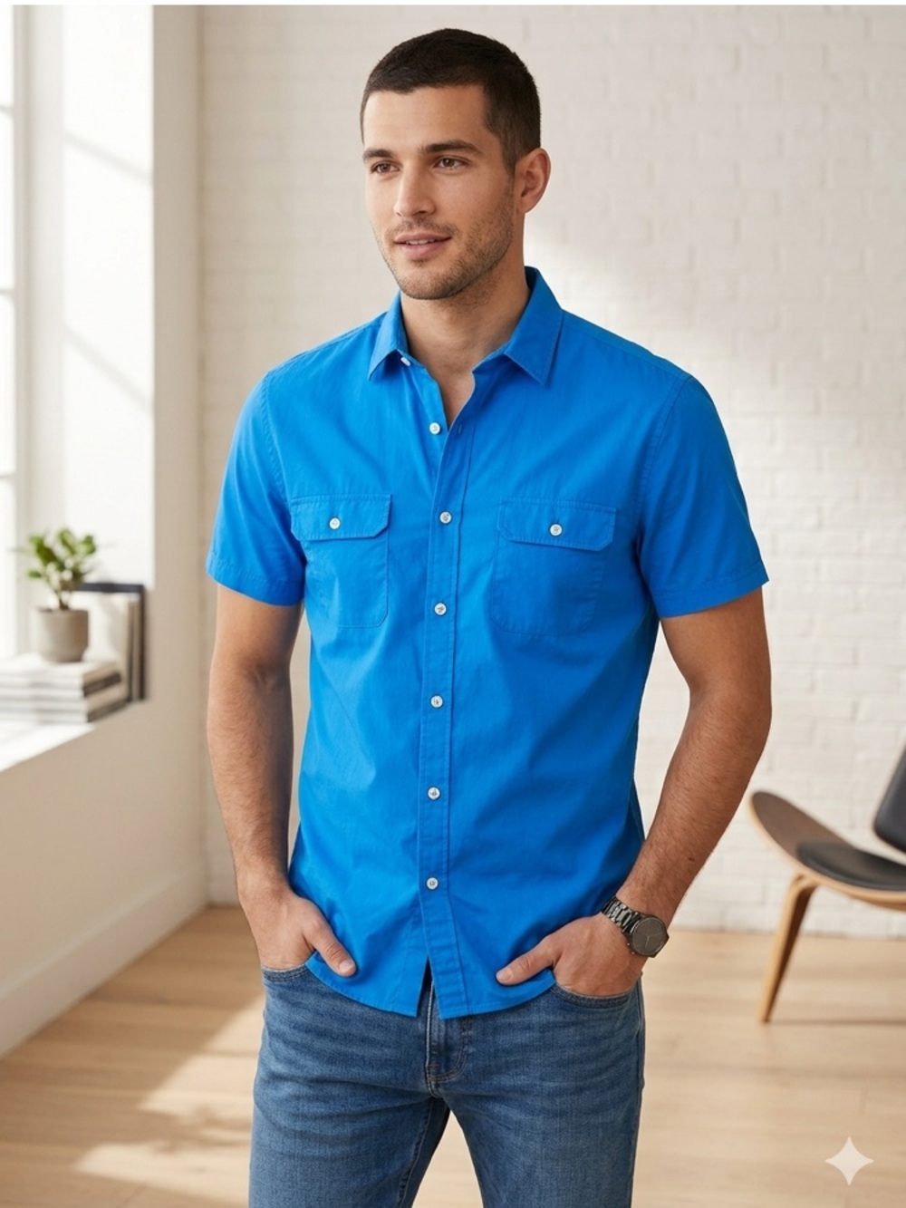 Express Blue Casual Button Down Shirt Short Sleeve